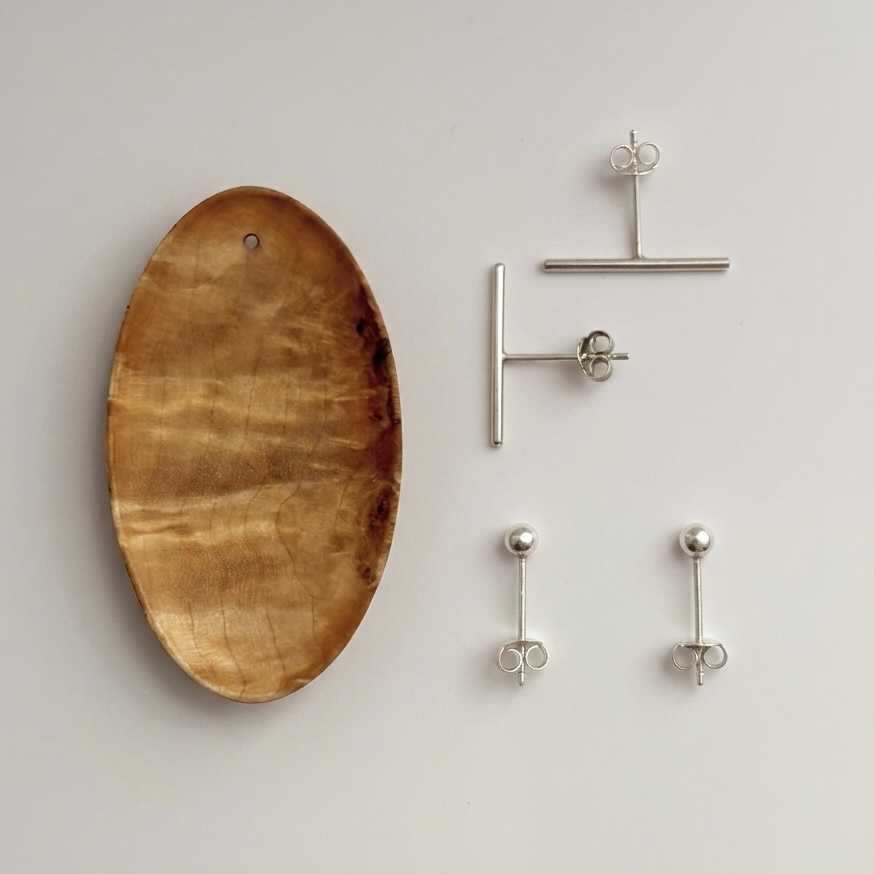 SET OVO. Burl Wood earrings. Silver. Asymmetric